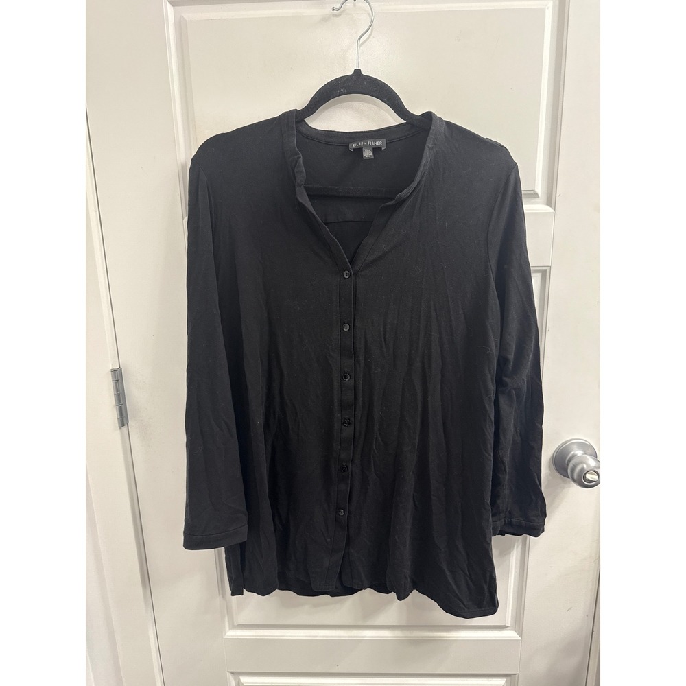 3/$30 Eileen Fisher Black Tencel Lyocell Button Front Tunic Top Womens Large L/G